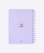 Back cover of the Pusheen notebook. The light purple notebook has a grid pattern. The elastic band to keep the notebook closed is attached on the corners of the back cover.