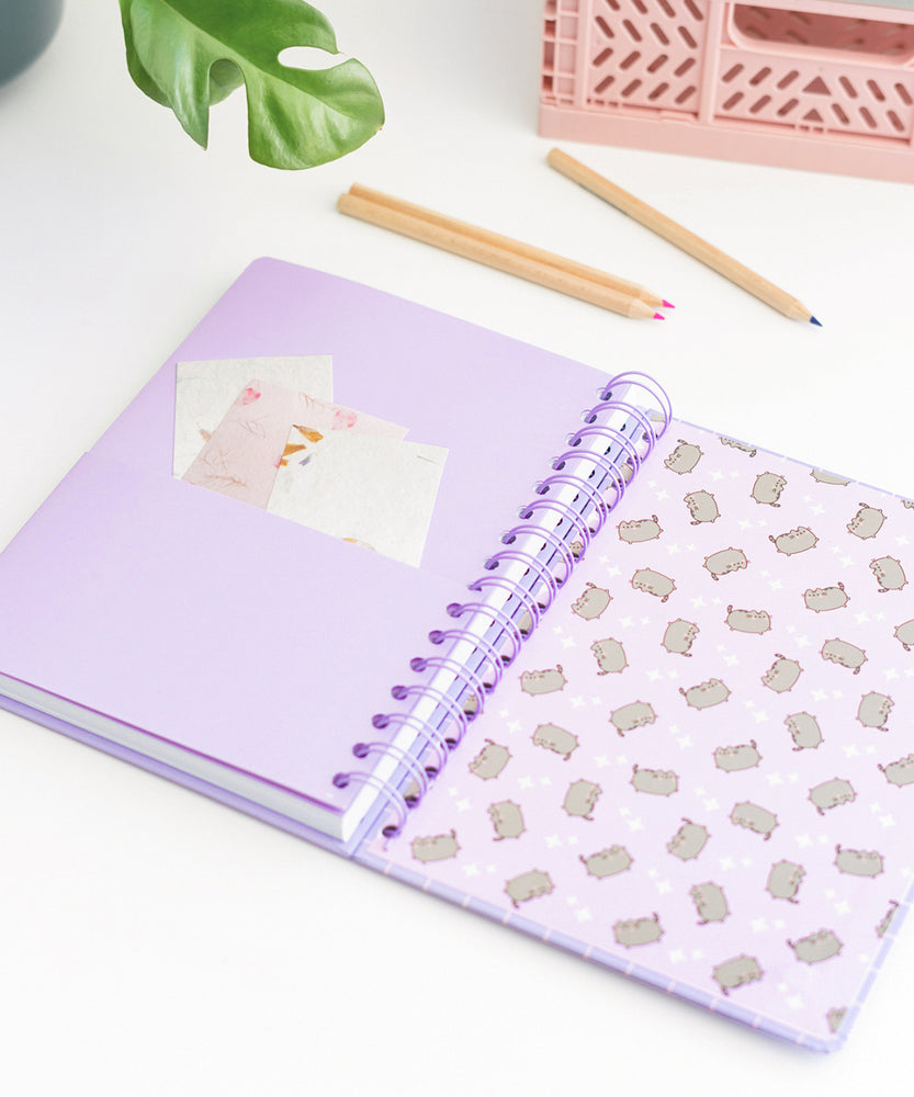 Interior view of the Pusheen notebook. The back cover features a pattern of Pusheen with stars. Before the cover is a pages with a slot to hold loose papers.