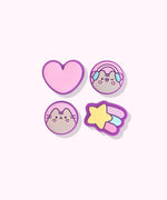 Close-up of the Nintendo Switch Pusheen thumb grip caps. From left to right and top to bottom, the grip caps featured are a pink heart with purple outline, a winking Pusheen wearing pink and blue headphones, a blushing Pusheen, and a yellow shooting star with purple, blue, and pink streaks.