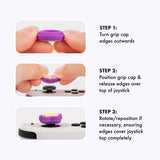 Step-by-step installation instructions on how to add the Pusheen thumb grip caps to a Nintendo Switch joystick.