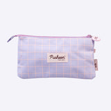 Back view of the Pusheen Bag. The light purple bag has a light pink grid pattern atop the light purple background.