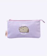 Front view of the Pusheen On Break Accessory Case. The purple pouch has a top zipper that prevents contents from falling out of the three compartments inside.