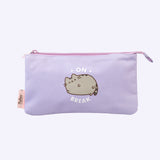 Front view of the Pusheen On Break Accessory Case. The purple pouch has a top zipper that prevents contents from falling out of the three compartments inside.