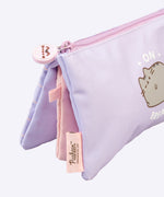 Side view of the 3-compartment case. The outer pockets are light purple while the inner pouch is light pink. The zipper has a silicone pull tab featuring a graphic of Pusheen the Cat's face.