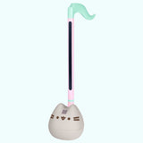 Full view of the Pusheen Otamatone. The top is mint green and resembles the top of a musical note. The pink stem leads into a gray rounded bottom.