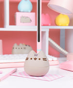 Front and partial side view of the Pusheen Otamatone. The grey, pink, and mint colored toy resembles the shape of a musical note.