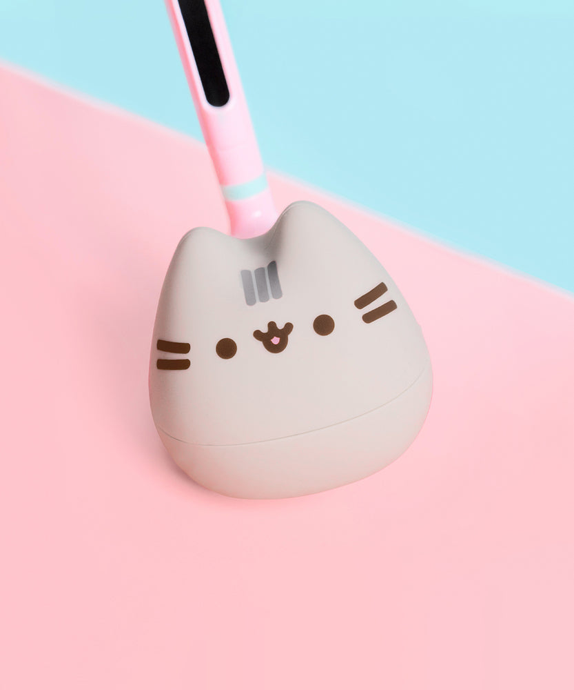 Front view of the Pusheen Otamatone. The toy has a pink and mint green stem that leads to a gray rounded plastic bottom that opens towards the bottom to make sounds.