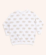 Front view of the Pusheen Loungewear Top. The cream-colored top is longer than a standard top and has long-sleeves. The top includes an all over print of Pusheen the Cat smiling. 