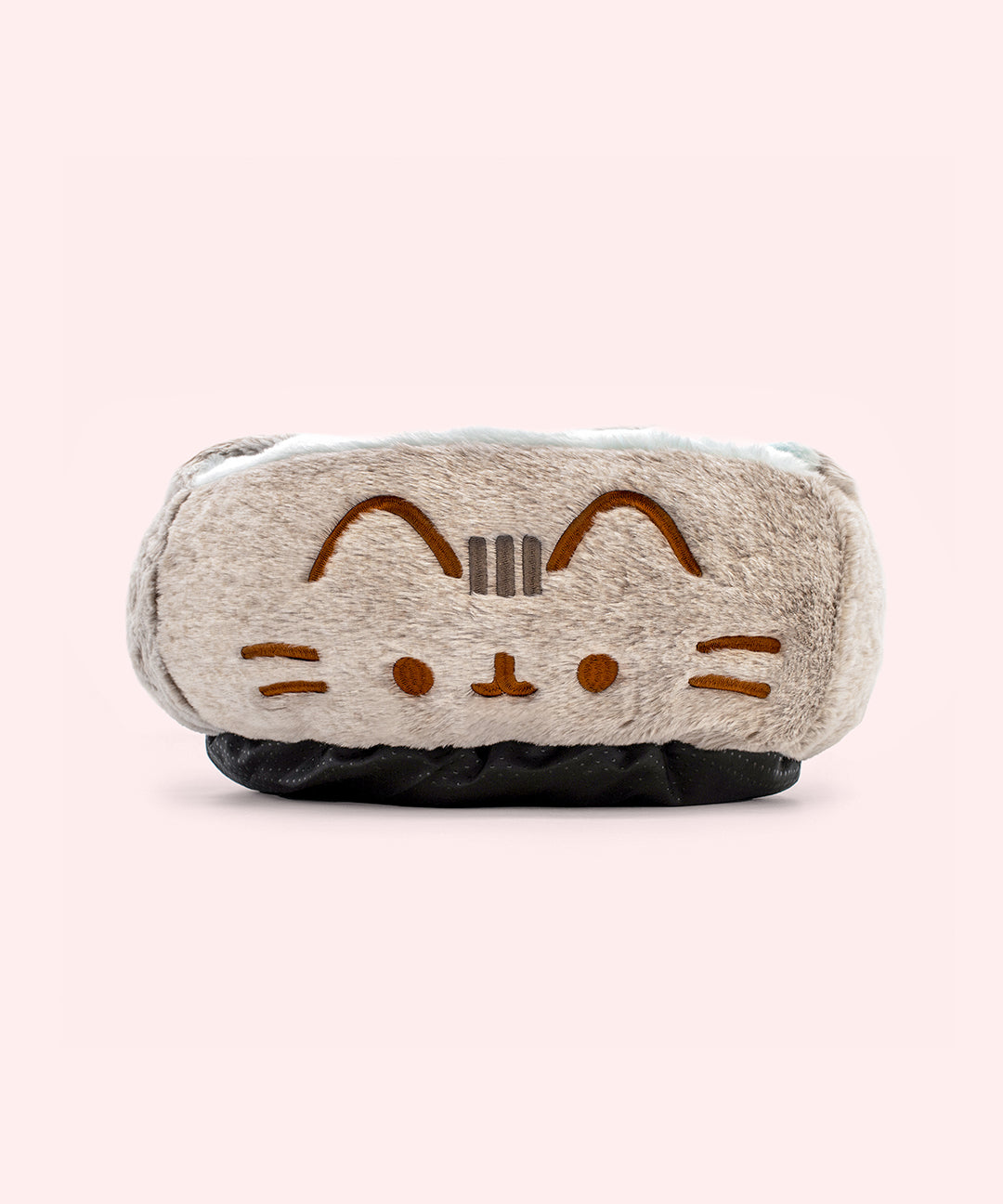 Pusheen Pet Cuddler Bed has a soft gray exterior with Pusheen's facial features embroidered on the front of the bed.