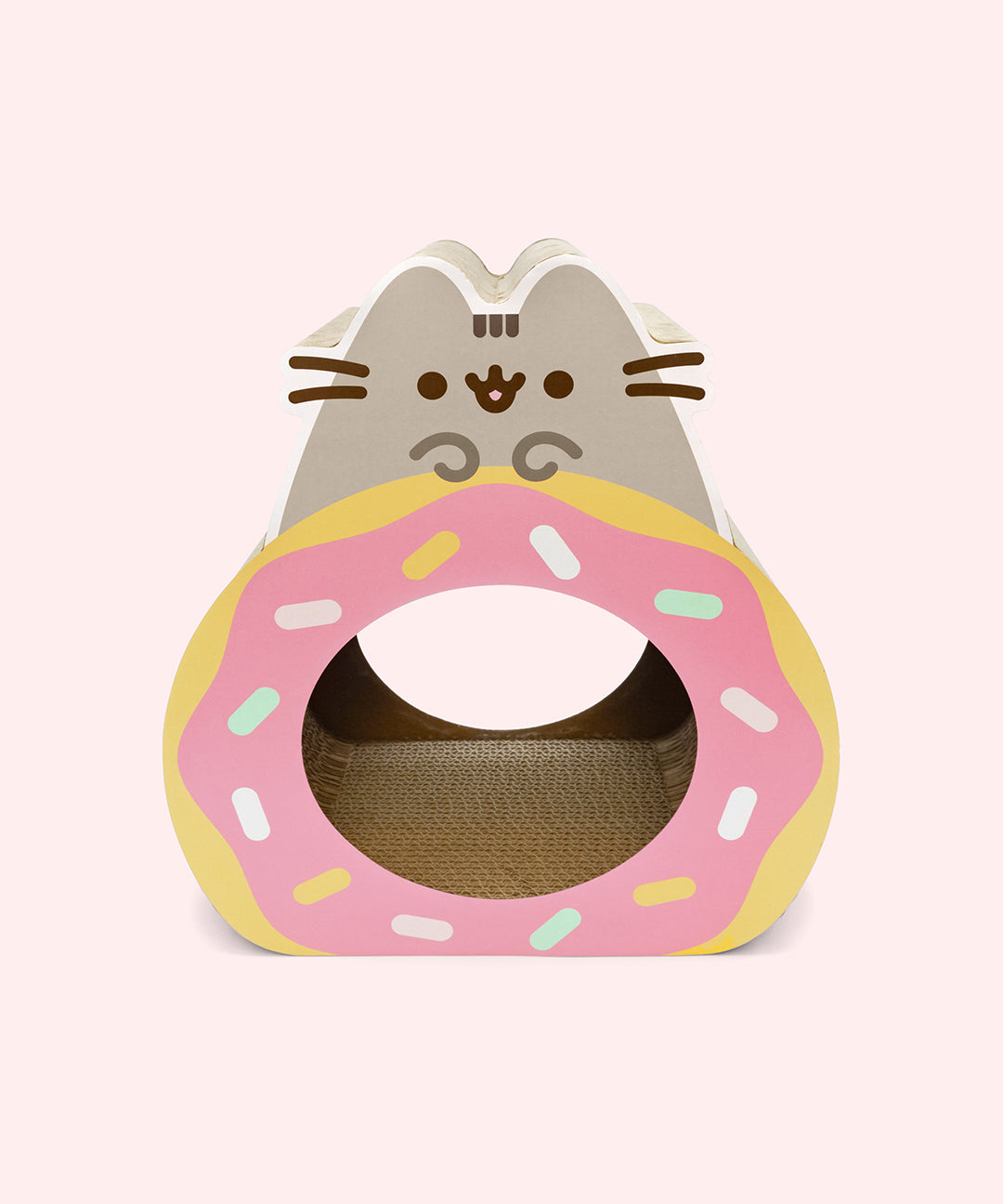 Cat-shaped donut cat scratcher made of cardboard.