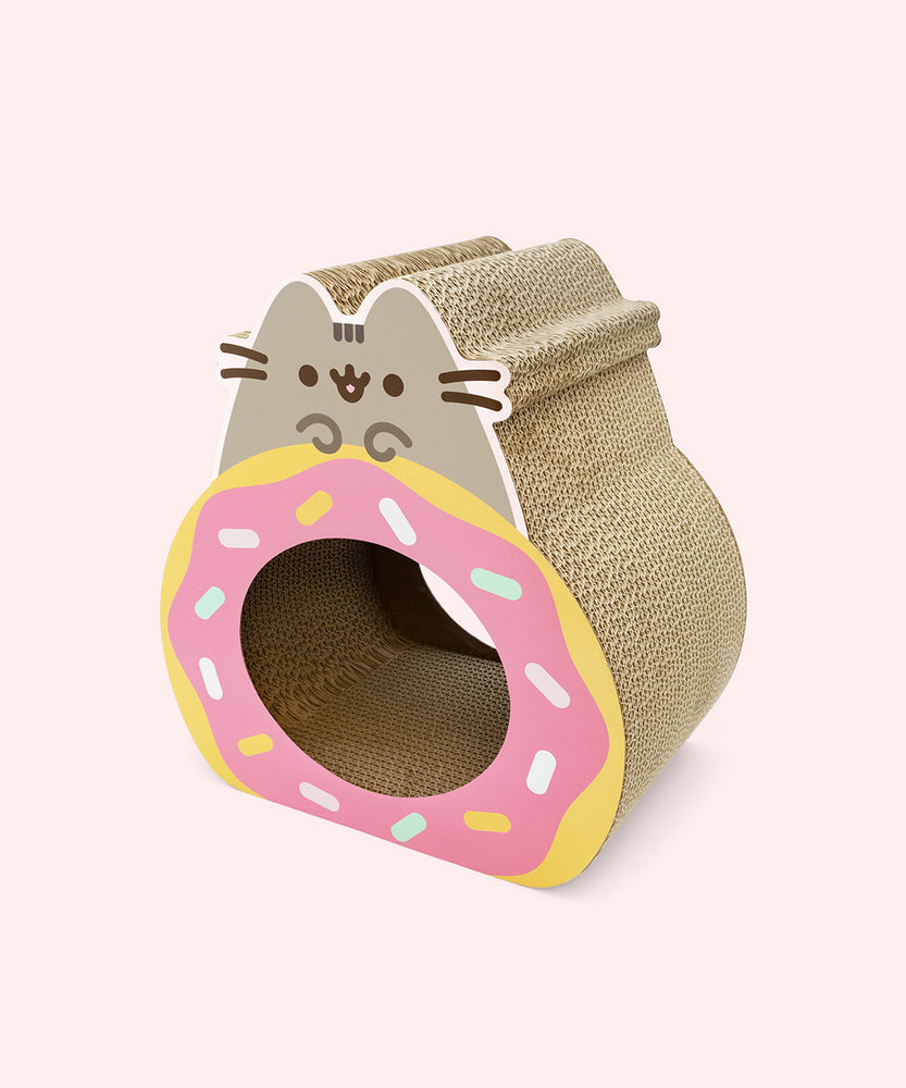 Alternate side view of the Donut Scratcher. The cat scratcher side shows layers of cardboard. 