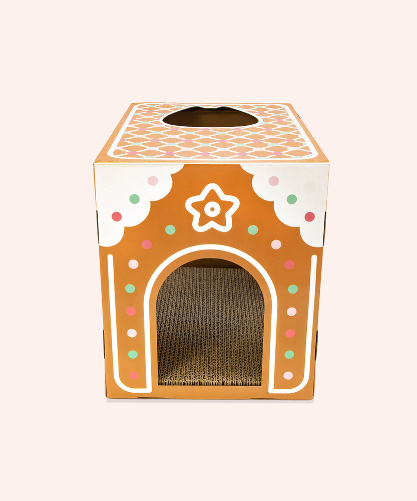 Front view of the house cat scratcher. The brown box has white "frosting" details and light pink, dark pink, and green gumdrop details. 