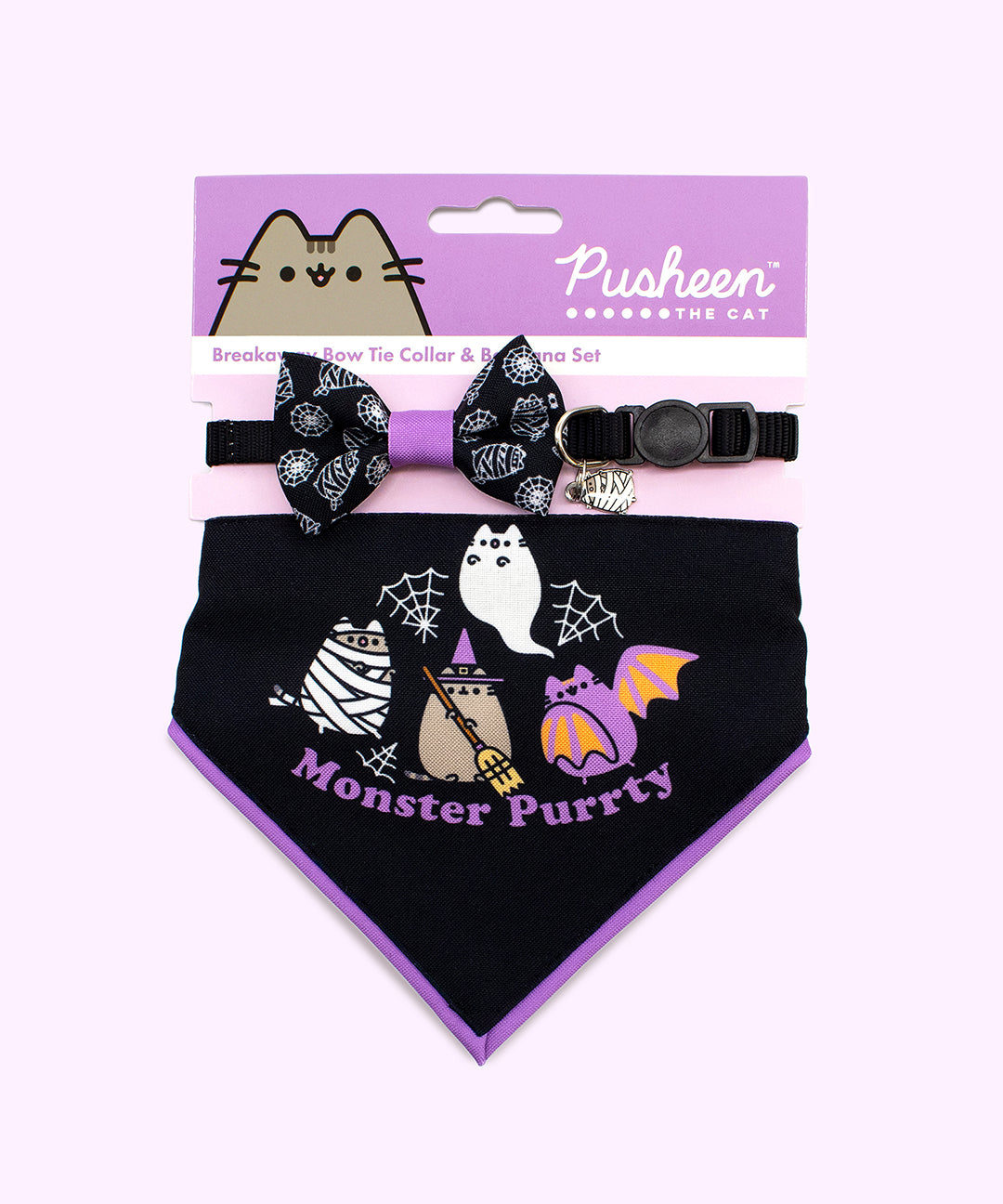 Pusheen pet collar and bandana set in packaging that states that the set includes breakaway collars. The bowtie and bandana graphic are displayed at the front. 