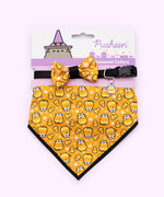 Pusheen Halloween Candy pet collar and bandana set in packaging that states that the set are seasonal collars. The bowtie and bandana graphics are displayed at the front. 
