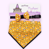 Pusheen Halloween Candy pet collar and bandana set in packaging that states that the set are seasonal collars. The bowtie and bandana graphics are displayed at the front. 