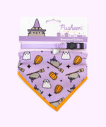 Pusheen Halloween pet collar and bandana set in packaging that states that the set are seasonal collars. The Boosheen charm and bandana pattern are displayed at the front. 
