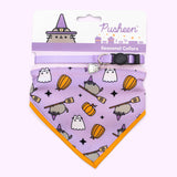 Pusheen Halloween pet collar and bandana set in packaging that states that the set are seasonal collars. The Boosheen charm and bandana pattern are displayed at the front. 