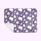 Front view of the Pusheen Pet Halloween Blanket. The purple background micro flannel side has a white sherpa material on the reverse side that matches the white color of the ghosts in the front pattern.   