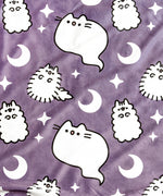Close-up of the Halloween Ghost Pet Blanket. The soft purple fleece has graphics of Pusheen the Cat, Stormy, and Pip as white ghosts.
