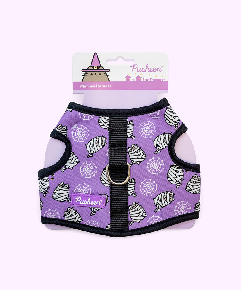 Halloween Pet Harness in its Pusheen packaging that says "Mummy Harness" and features a graphic of Pusheen the Cat wearing a purple witch hat.