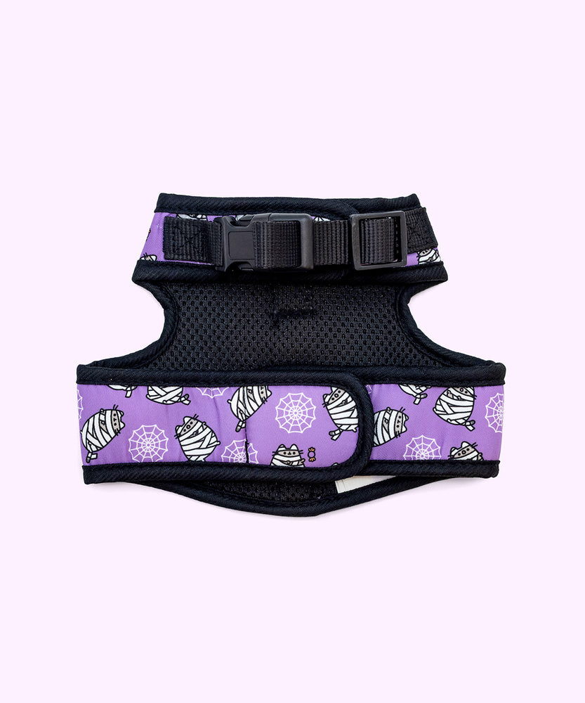 Back view of the purple pet harness with black trim attached to its paper packaging.