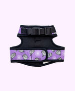 Back view of the purple pet harness with black trim attached to its paper packaging.