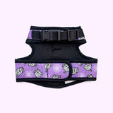 Underside view of the Pusheen Pet Halloween Harness. The belly band is adjustable via a velcro strap while the neck band is adjustable via a clip and buckle.