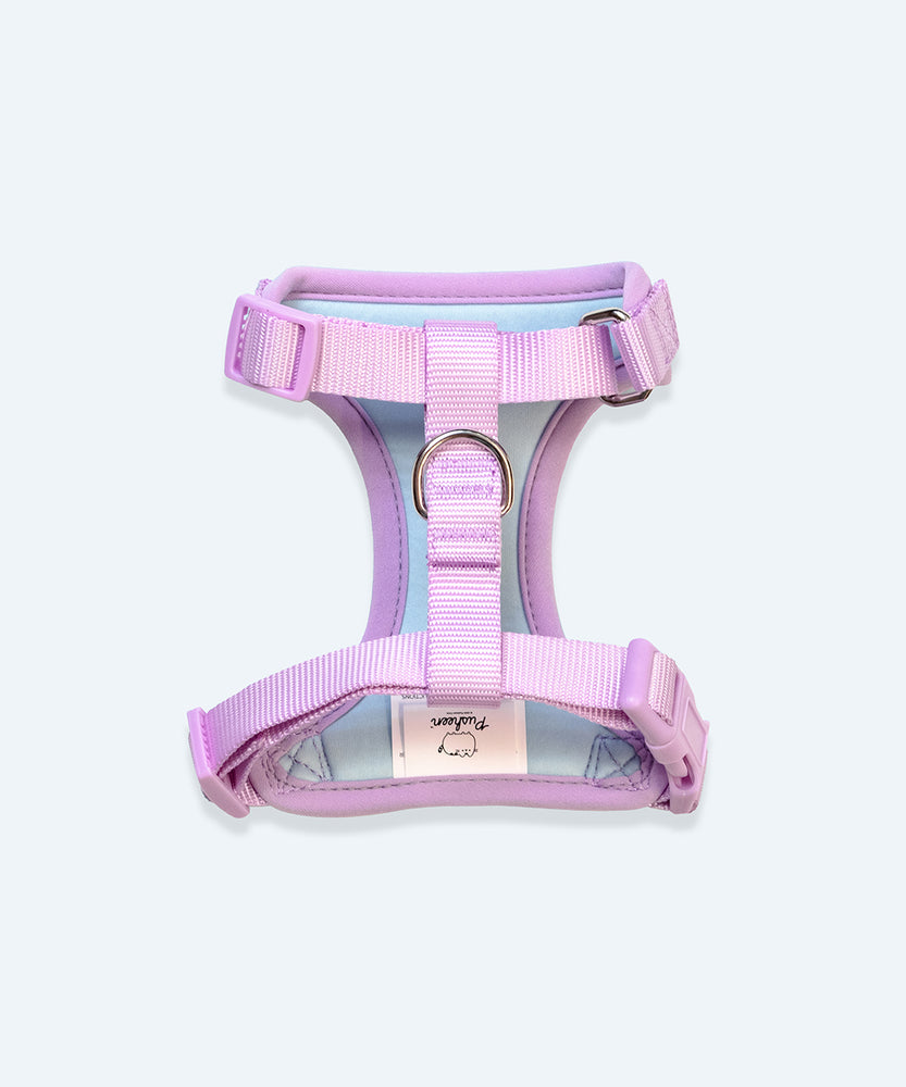 Close-up of the attachment loop of the harness. The light purple straps have adjustable buckles for an adjustable fit.