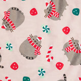 Close-up view of the all over graphic print on the main side of the pet blanket. Pusheen is shown in two poses, one sitting and smiling and one standing. In both poses, the grey tabby cat wears a red and white striped scarf and hat.