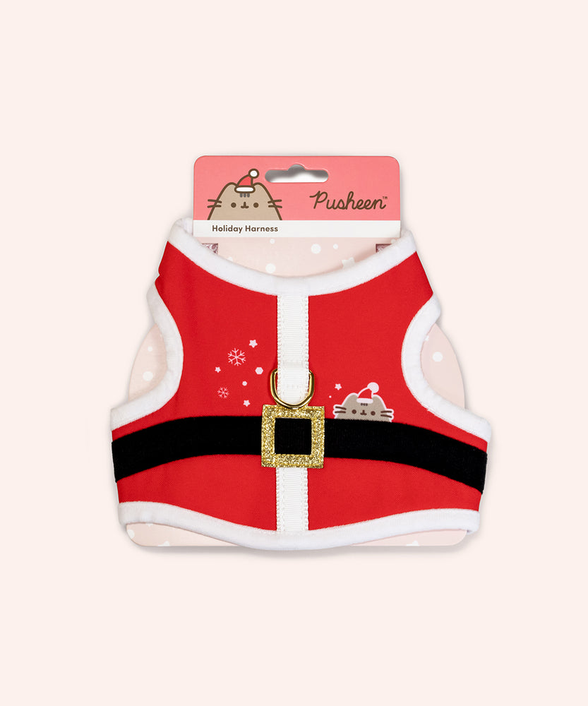 Santa Pet Harness in its Pusheen packaging that says "Holiday Harness" and features a graphic of Pusheen the Cat wearing a red Santa hat.