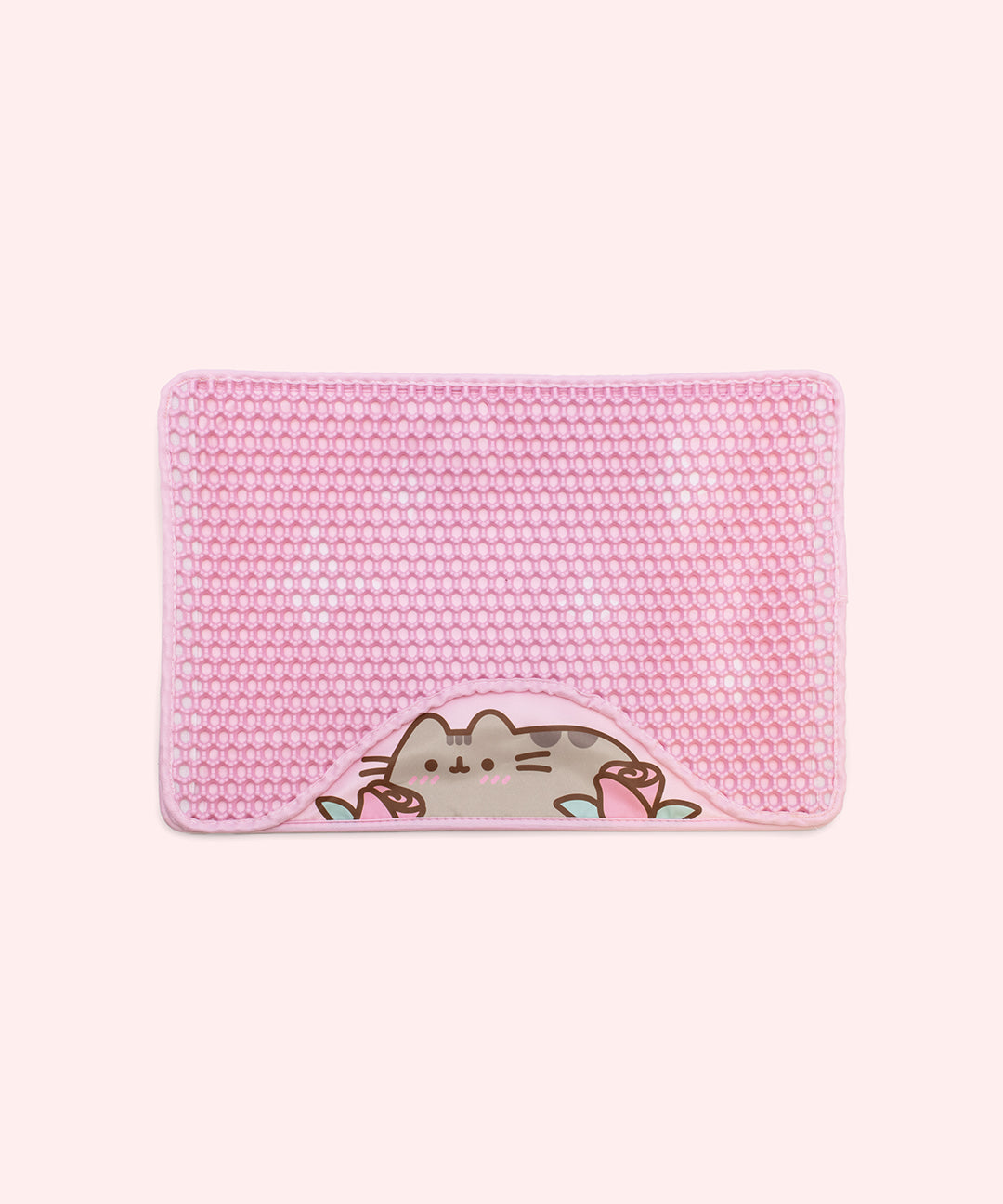 Pink textured litter mat with a design of a blushing Pusheen the Cat with two pink roses.