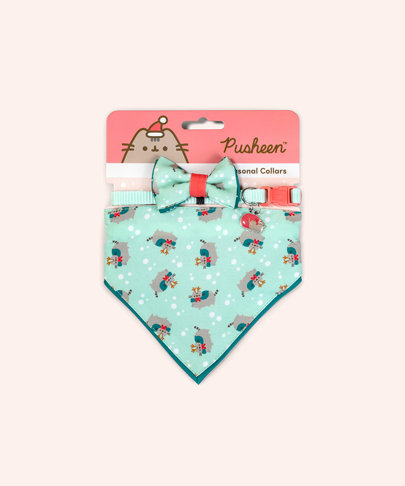 Pusheen Reindeer pet collar and bandana set in packaging that states that the set are seasonal collars. The bowtie and bandana graphics are displayed at the front. 