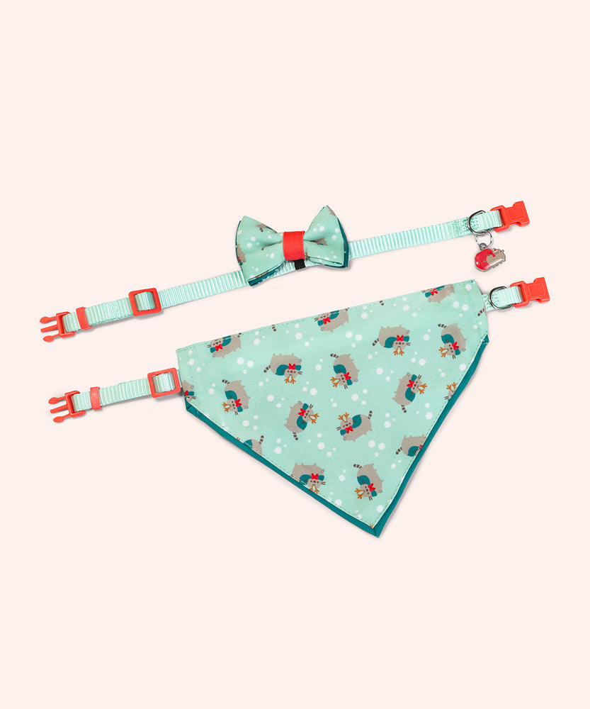 Pusheen Reindeer pet collar and bandana set in packaging that states that the set are seasonal collars. The bowtie and bandana graphics are displayed at the front. 