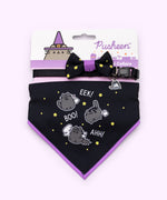 Pusheen Scaredy Cat pet collar and bandana set in packaging that states that the set are seasonal collars. The bowtie and bandana graphics are displayed at the front. 