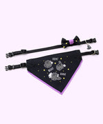Pusheen Scaredy Cat pet collar and bandana set in packaging that states that the set are seasonal collars. The bowtie and bandana graphics are displayed at the front. 