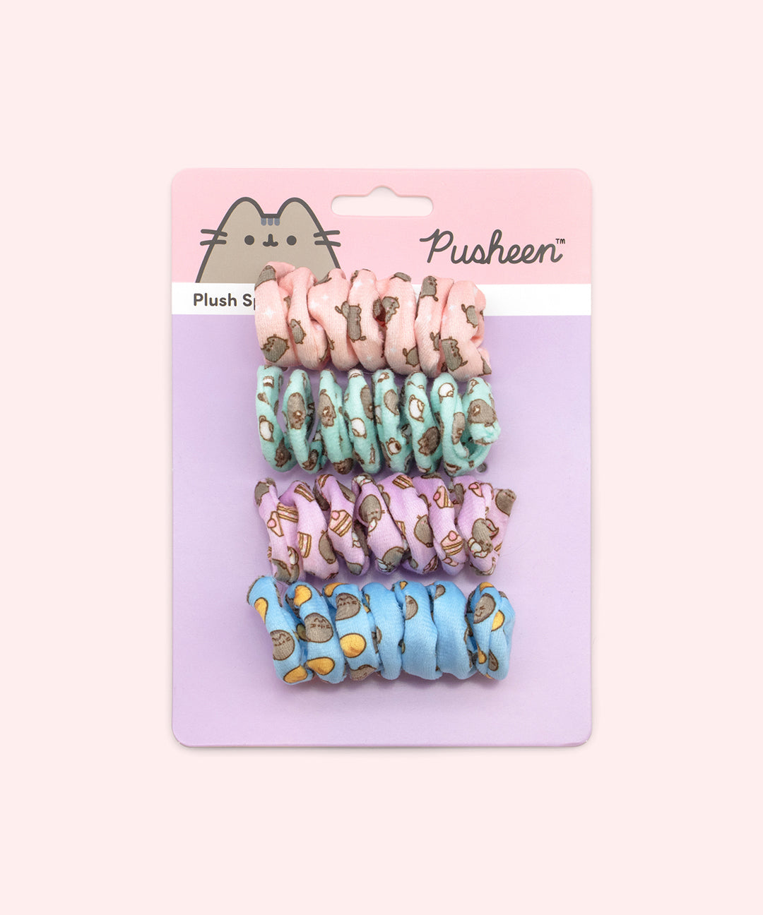 Pusheen Pet Spiral Toys 4-pack attached to its pink and purple paper backing card.