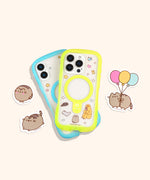 Pusheen Phone Stickers shown next to a phone to show the size of the stickers. 