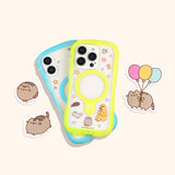 Pusheen Phone Stickers shown next to a phone to show the size of the stickers. 