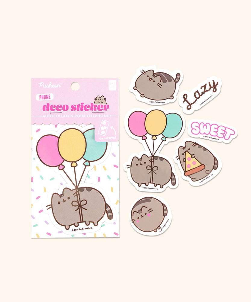 View of all the stickers included in the Pusheen Phone Stickers pack. The stickers feature various graphics of Pusheen the Cat doing activities such as leaping, eating, and floating. 