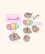 View of all the stickers included in the Pusheen Phone Stickers pack. The stickers feature various graphics of Pusheen the Cat doing activities such as leaping, eating, and floating. 