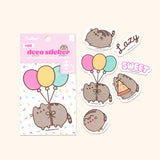 View of all the stickers included in the Pusheen Phone Stickers pack. The stickers feature various graphics of Pusheen the Cat doing activities such as leaping, eating, and floating. 