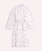 Pusheen Plush Robe hangs on a hanger and shows a close-up of the all over gray cat print on the cream fabric. 