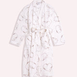Cream robe with an outline gray Pusheen cat pattern print all over the robe and included belt. 