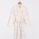 Cream plush robe with all over pattern of a gray outlined Pusheen the Cat lying down.
