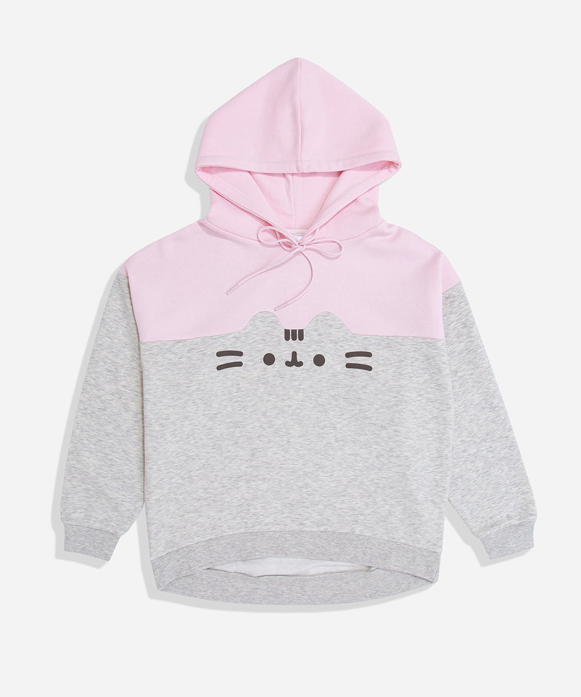 A two-toned pink and light grey sweatshirt with sleeves folded out to the side against a white background. The unisex sweatshirt has a printed graphic of a classic Pusheen the Cat on the center of the chest in dark gray.  