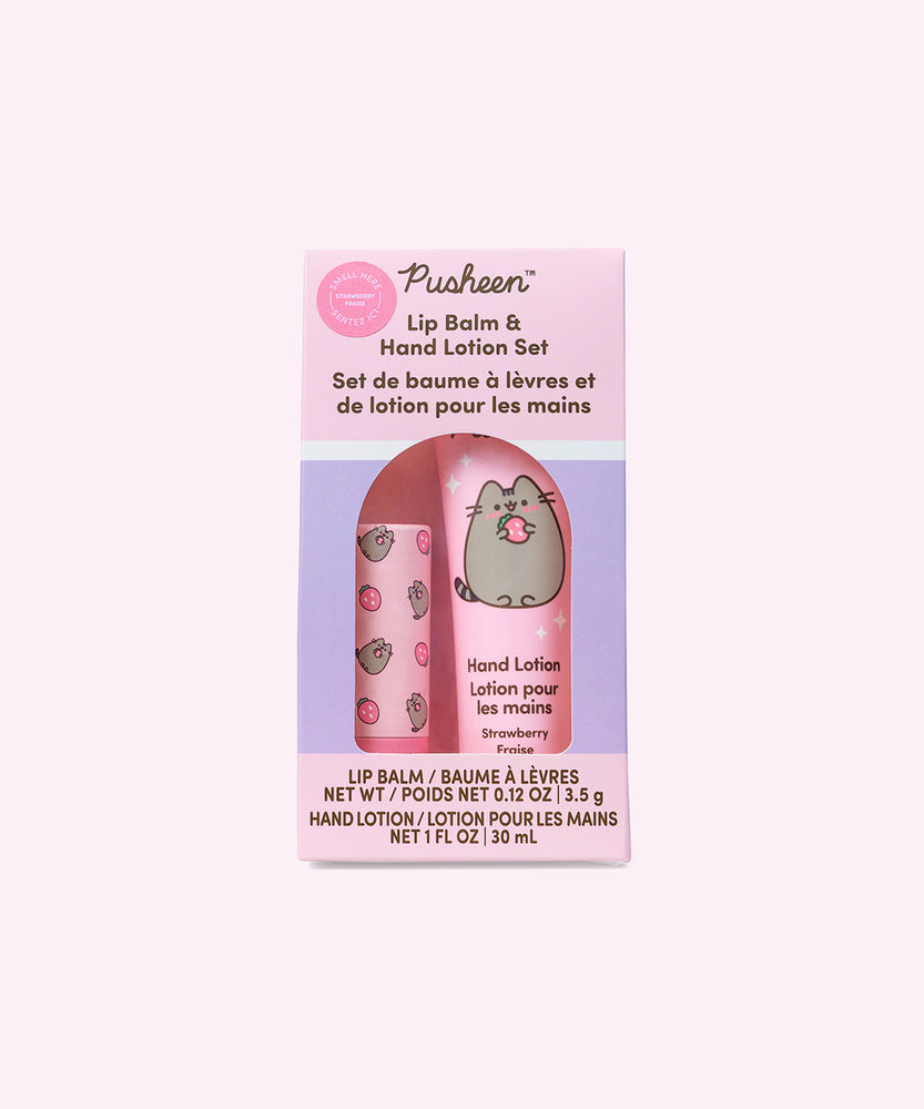 Front view of the pink and purple packaging of the Pusheen Strawberry Lip Balm & Hand Lotion Set. 