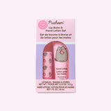 Front view of the pink and purple packaging of the Pusheen Strawberry Lip Balm & Hand Lotion Set. 