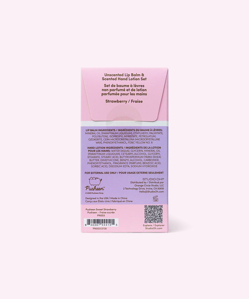 Back view of the Pusheen lip balm and hand lotion set. The packaging is pink and light purple and includes the ingredient list for both items in the set. 