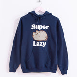 Front view of the Pusheen Super LazyHoodie. The navy-blue hoodie hangs on a light pink hanger in front of a white background. 