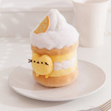Alternate side quarter view of the Pusheen Sweets Lemon Plush Environment. The white, yellow, and brown plush sits atop a white plate. 